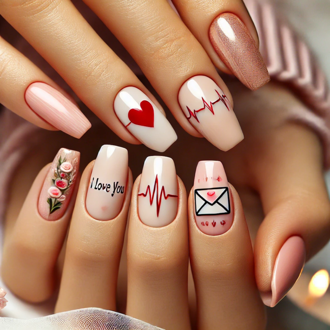 Heartbeat & Love Letter Themed Nails for Valentine's Day