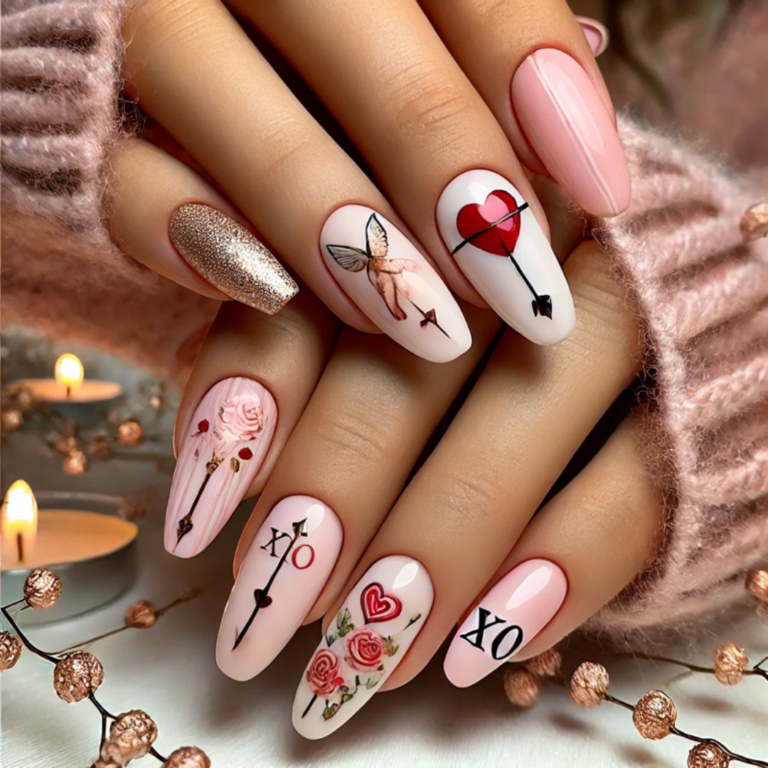 Cupid’s Arrow & Love Symbols for Valentine's Day nail ideas