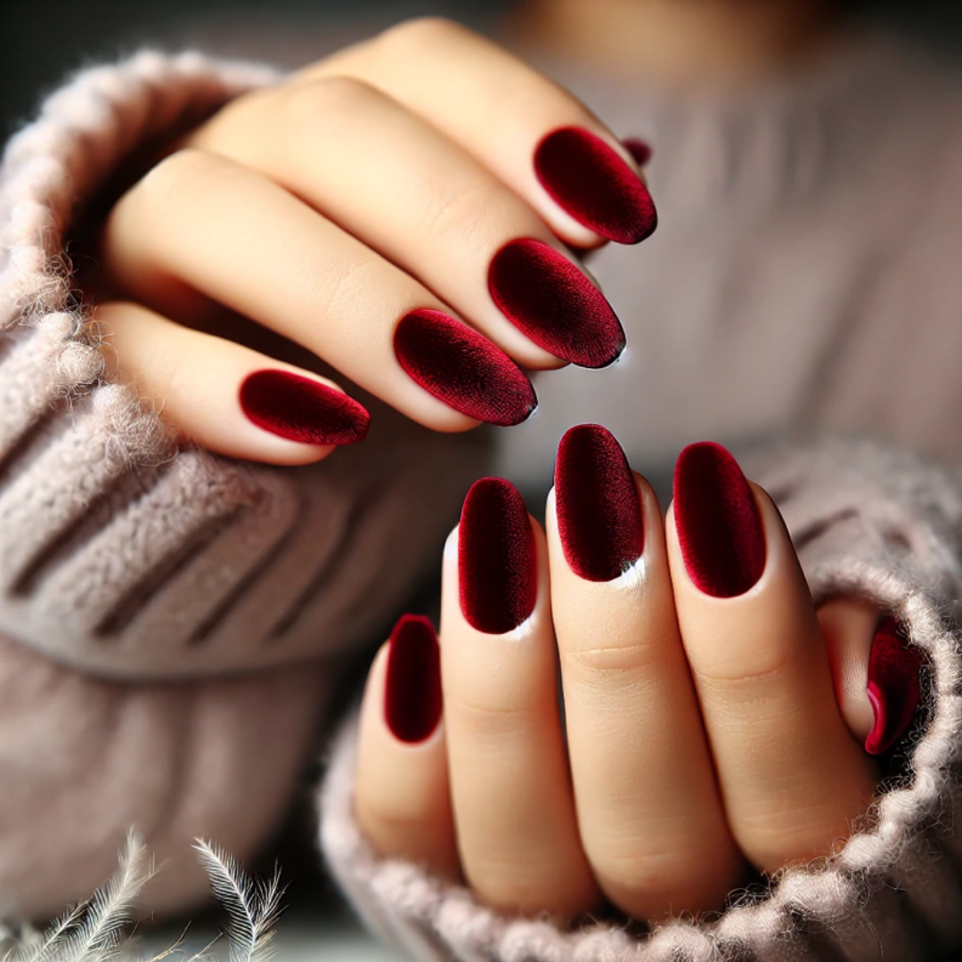 Wine red velvet looking manicure on a female hand with soft taupe sleeves showing